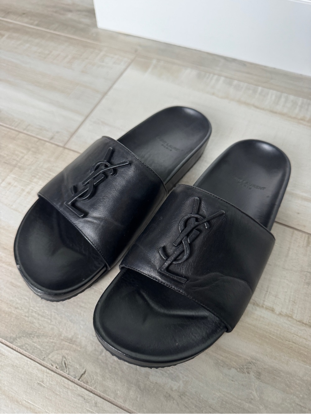 Saint Laurent Black Leather YSL Joan Logo Slide Sandals - Women Size 37 (7)